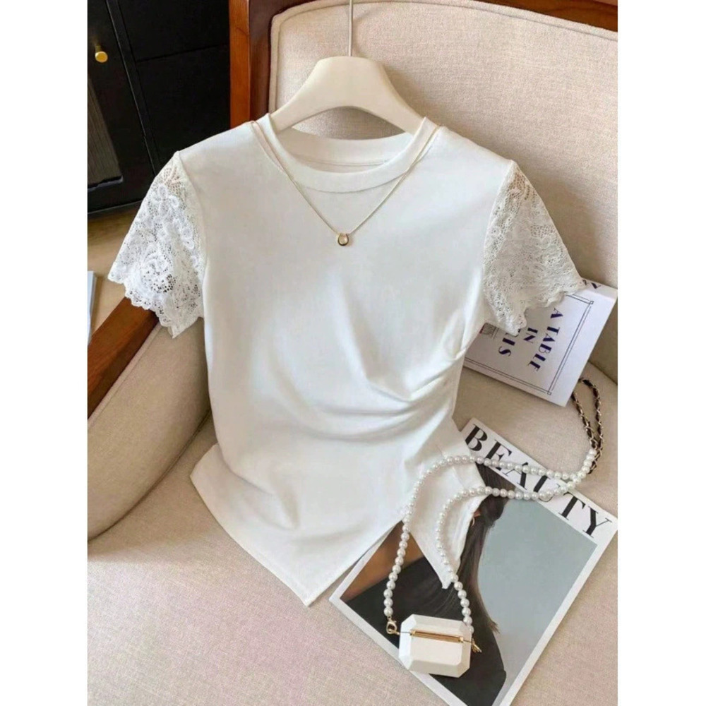 ZARA Summer Fashion Casual Slim Fit Round Neck Lace Short Sleeve Shirt